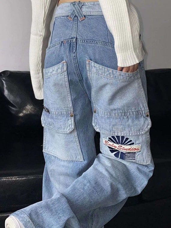 Vintage Cargo Jeans Women Y2k Hip Hop Baggy Wide Leg Denim Pants Casual  Loose Trousers 90s Streetwear Pockets Harajuku 