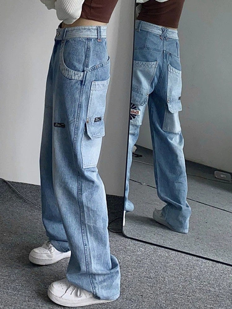 Vintage Cargo Jeans Women Y2k Hip Hop Baggy Wide Leg Denim Pants Casual Loose  Trousers 90s Streetwear Pockets Harajuku 