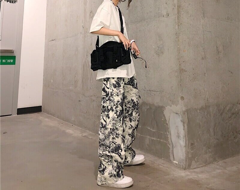 Harajuku Wide Leg Cargo Pants Streetwear Women Korean Style Ink