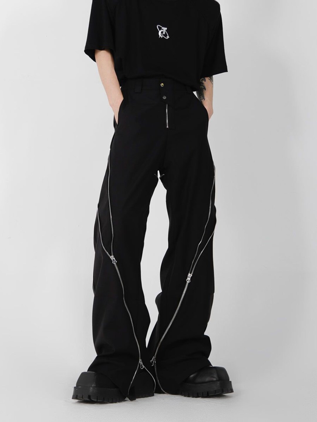 Y2K American Trendy Brand Men Black Zipper Design Slit Slightly Flared ...