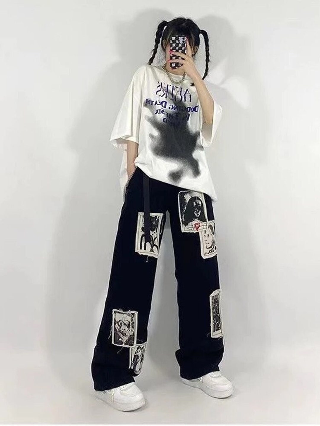 Grunge Punk Patchwork Black Jeans Women Hip Hop Streetwear - Etsy