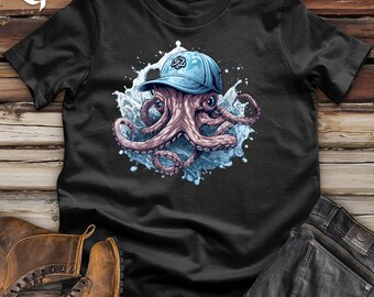 Octopus Wearing a Baseball Cap Cotton Tee