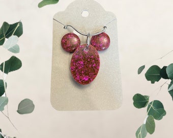 Handmade Resin Jewelry Set - Purple Pink Glitter Earring Studs and Necklace