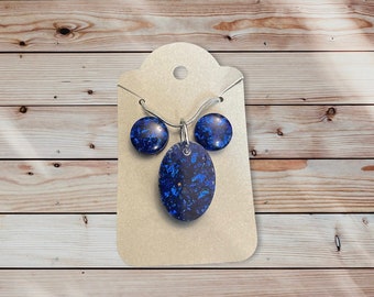 Handmade Resin Jewelry Set - Dark Blue Glitter Earring Studs and Necklace