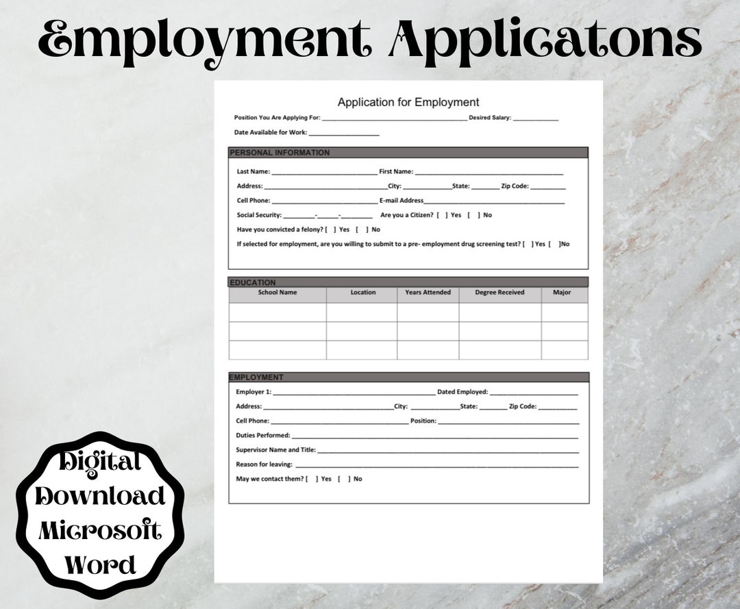 employment application form template (word printable& editable) - etsy