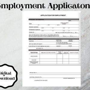 Peut inclure: Un formulaire de demande d'emploi noir et blanc avec le titre "Employment Applications" en haut. Le formulaire comprend des sections pour les informations personnelles, l'emploi souhaité, l'éducation et les compétences particulières.