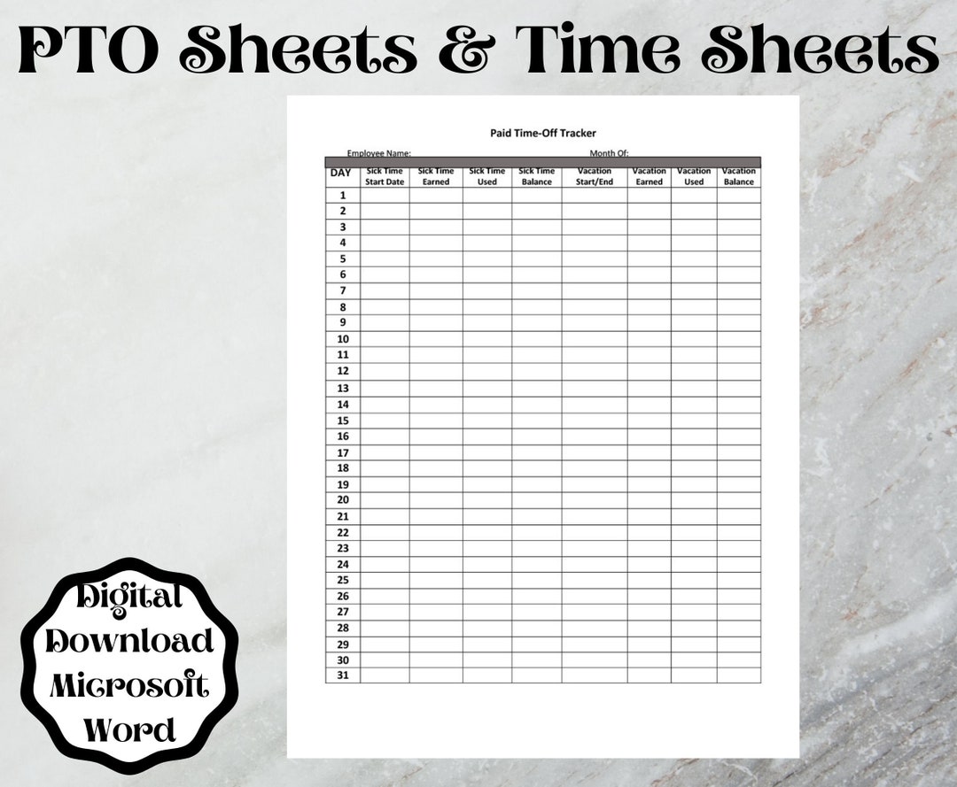 Employee PTO Sheet Monthly Time Sheet microsoft Word Printable/editable
