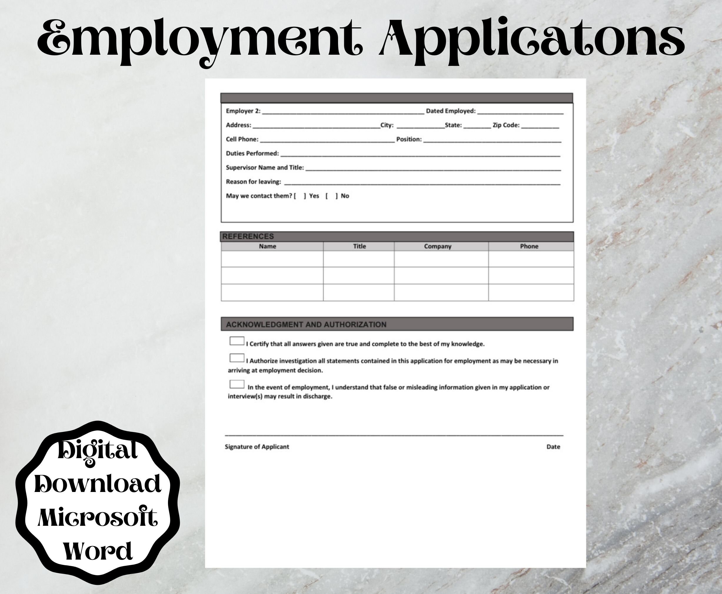 employment application form template word printable etsy