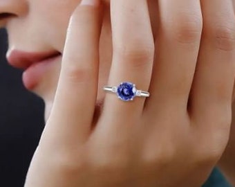 AAAA Tanzanite 14K White Gold Blue Diamond Ring , Tanzanite Ring, Three Stone, Tanzanite Jewelry, Gift for Her, Anniversary Gift For Women.