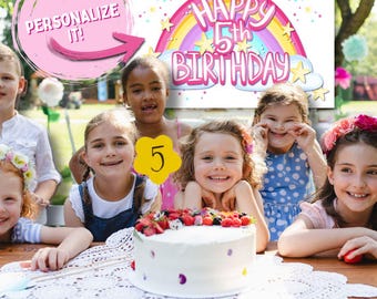 Personalized Rainbow Birthday Banner – Custom Kids Party Backdrop, Birthday Decorations, Indoor/Outdoor Vinyl Party Supplies - Pink