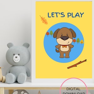 Hond digitale print, hond afdrukbare muurkunst, kinderkamer kunst aan de muur, speelse hond afdrukbare poster
