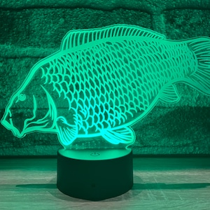 Peut inclure: Une veilleuse verte en forme de poisson avec une surface texturée. La lumière est sur une base noire avec un interrupteur.