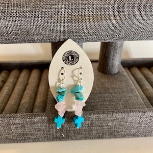 Dangle earrings with Rose Quartz and turquoise with cross