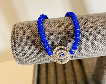 Evil Eye Beaded Bracelet with charm blue