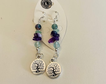Dangle Earrings Raw Natural Gemstone Fluorite with Silver charm Tree of Life