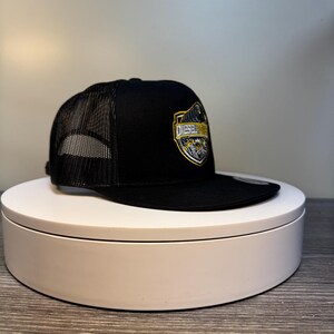 Pode incluir: Bon&eacute; de caminhoneiro preto com parte traseira em tela e aba reta. A frente do bon&eacute; apresenta um emblema em forma de escudo com a palavra "DIESEL" em letras douradas. O emblema tamb&eacute;m inclui detalhes em amarelo e cinza.