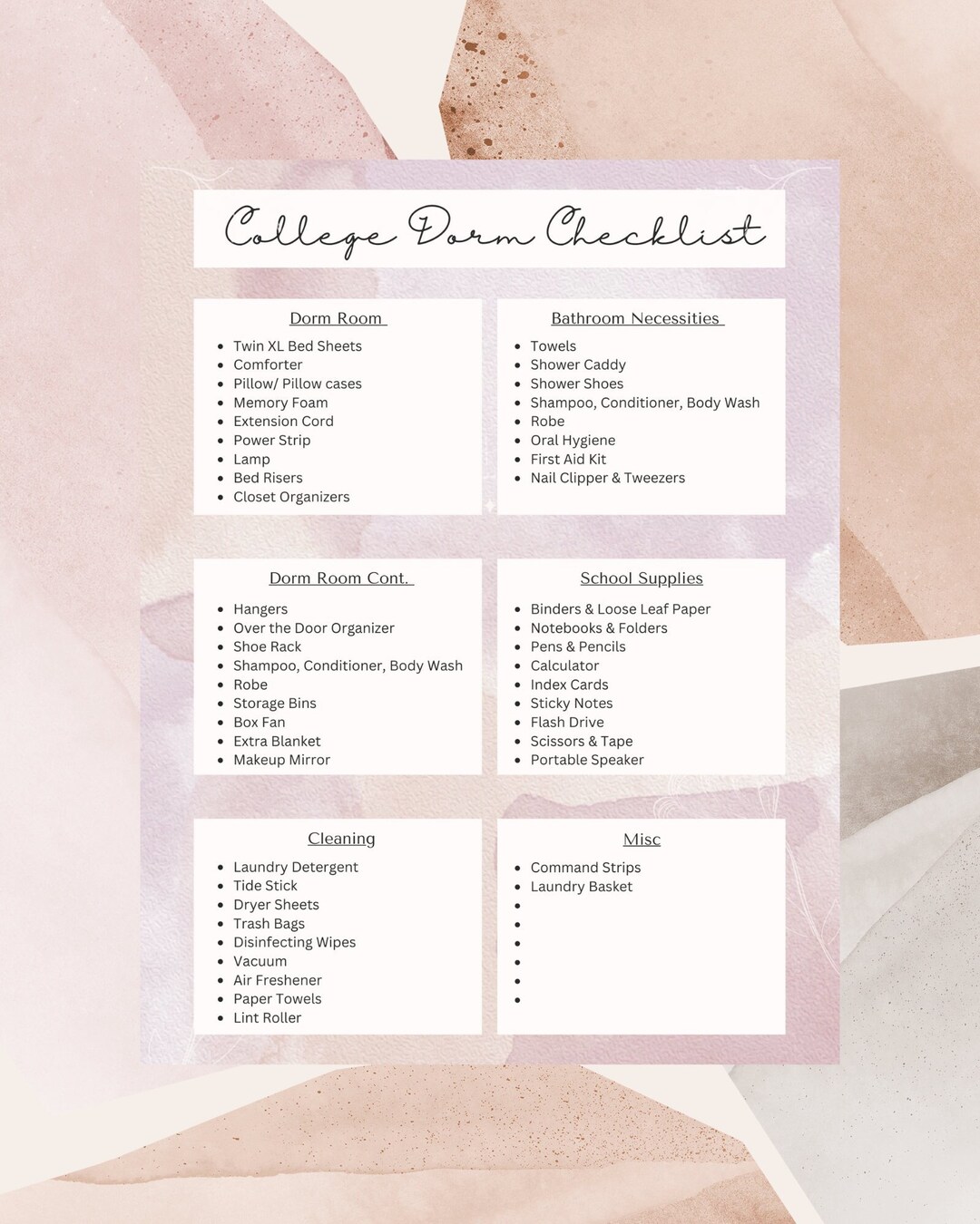 Dorm Room Checklist - Etsy