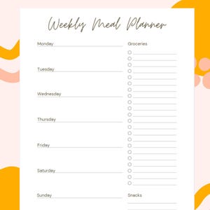 Printable Weekly Meal Planner, PDF printable download, Meal Tracker, Meal List, Groceries