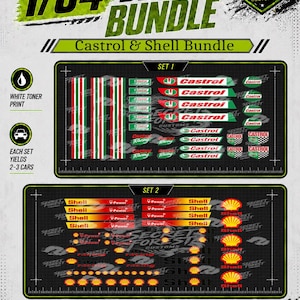 May include: A 1/64 scale waterslide decal bundle featuring Castrol and Shell branding. The set includes two sheets with various racing logos, stripes, and text. The decals are designed for 1/64 scale model cars and utilize white toner printing.