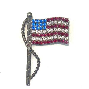 Vintage Rhinestone American Flag Brooch / Pin, Patriotic USA Jewelry, Sparkling Bejeweled Costume Jewelry , Red White Blue, Silver Tone