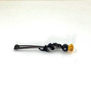 Antique Edwardian Hat Pin | Dark Black Leaf Stick Pin with Amber Glass Tip | Early 1900s Scarf or Lapel Pin | Art Nouveau Revival Jewelry