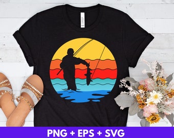 Retro Sunset Fishing Svg Eps Png Design, Download Digital, Impressão por Sublimação, Download Instantâneo