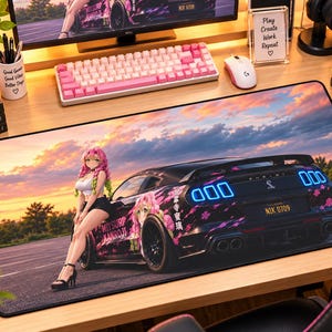 May include: A rectangular desk mat featuring a printed graphic of an anime character with pink and green hair sitting on the hood of a black Shelby sports car. The background shows a sunset sky over an asphalt lot. The car has blue taillights and a license plate reading NIK 0709.