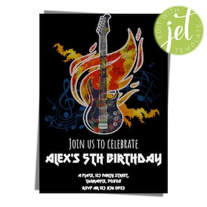 Tarjeta de invitación de cumpleaños de rock 'n roll editable, invitación a la fiesta de la estrella de rock, guitarra ardiente, descarga instantánea de Jettemplate