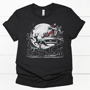 Retro Alien Santa Claus Reindeer UFO Tee, Christmas Space Tshirt, Extraterrestrial Xmas Shirt, Funny Sci-fi Holiday Top, Vintage Cosmic Gift