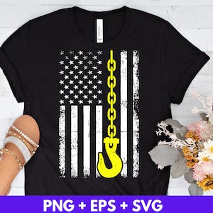 May include: Black t-shirt with a white and yellow American flag design featuring a yellow chain and hook. The text "PNG + EPS + SVG" is printed below the image.