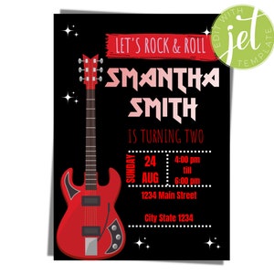 BEWERKBARE Rock 'n roll Verjaardagsuitnodiging Kaart, Rock Star Party Uitnodiging, Rock Gitaar, Jettemplate Instant Download 002