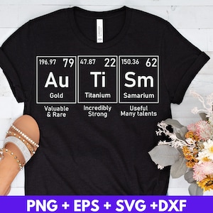 May include: Black t-shirt with a white graphic of three periodic table elements: gold (Au), titanium (Ti), and samarium (Sm). The graphic includes the atomic number, atomic weight, and element name for each element. The text below each element describes its properties: gold is valuable and rare, titanium is incredibly strong, and samarium is useful with many talents.