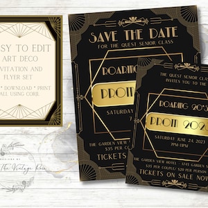 Art Deco uitnodigingsset, Flyer, Save the Date Roaring 20's, Prom, Homecoming, School Dance