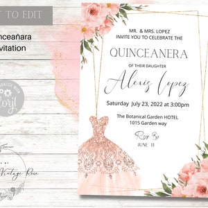 Blush Pink-Peach Dress and Flowers Quinceanera Invitation, 15th birthday, Sweet 16, Ball, Birthday Party, Ball Gown, Editable , Corjl