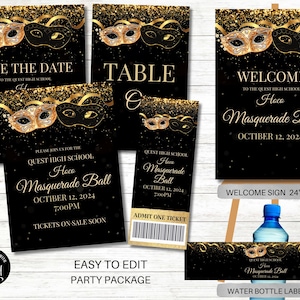 Schwarz und Gold Maskerade Party Paket, Heimkehr Zeichen, Abschlussball, Geburtstag, Ball, Mittelschultanz, Willkommensschild, Einladungskarte