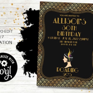 Roaring 20's uitnodiging, bewerkbare, Corjl, Art Deco, Flapper, verjaardagsfeestje, bruiloft, Speakeasy, Sweet 16, bruidsdouche, schooldans