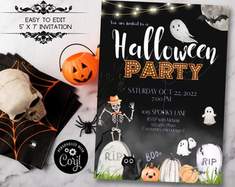 Halloween-Party-Einladung Geist, Friedhof, Kinder, bearbeitbar mit Corjl, Halloween-Party, gruselig, Halloween-Geburtstag,