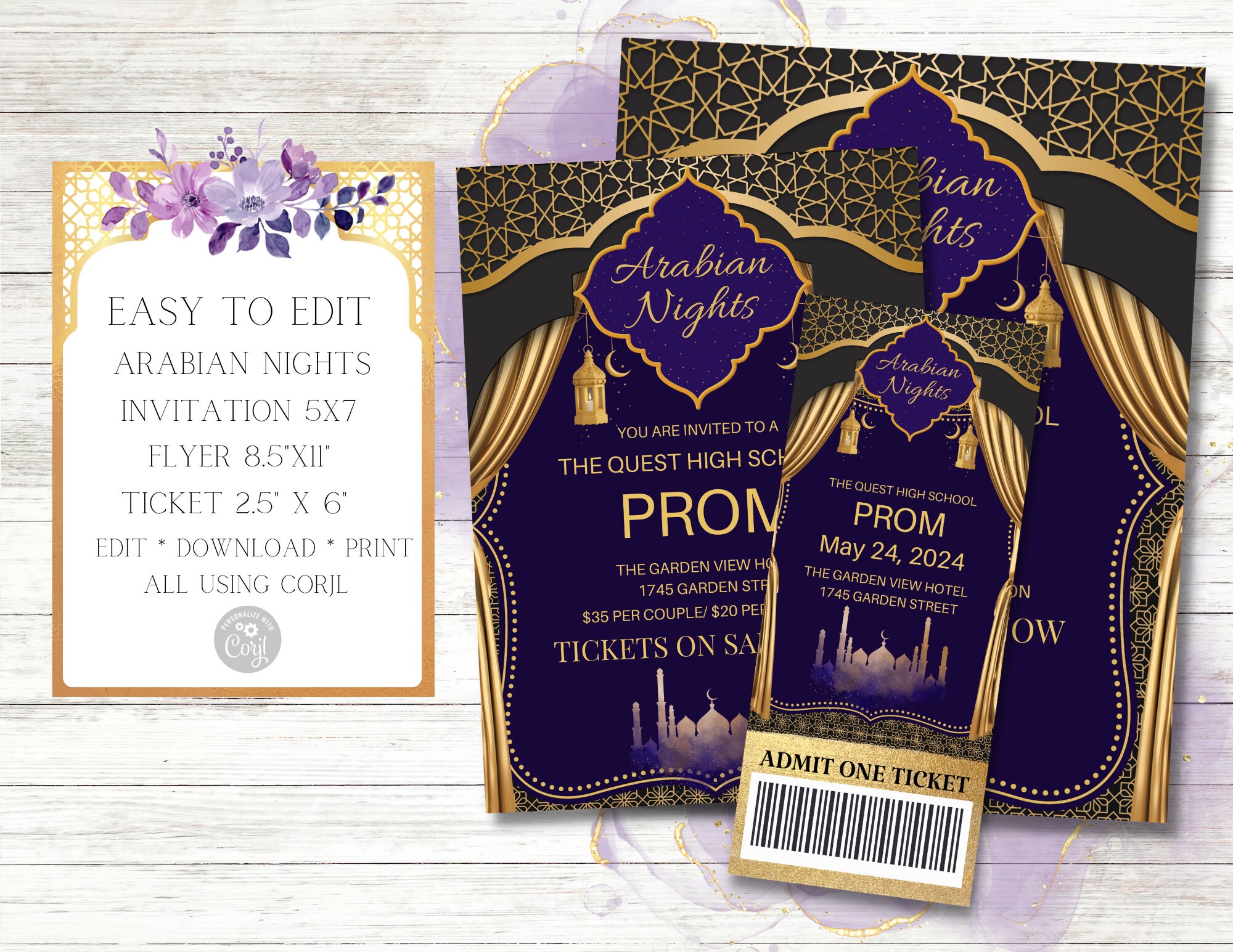 Arabian Nights Invitation, Flyer and Ticket Set, Dance Set, Prom, School Dance, Homecoming, Middle School dance, Birthday