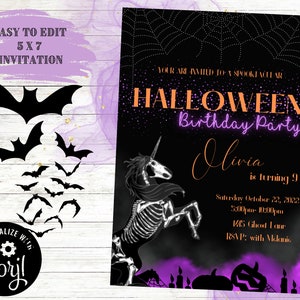 Unicorn Skeleton Halloween Birthday Party Invitation, Editable, Halloween Party, Spooktacular,  Halloween Birthday, Corjl, Skeletons