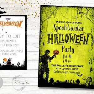 Neon Mummy Halloween Invitation, Halloween Party, Birthday Party, Invite, October Party,  Classic Halloween, Teen Halloween Party