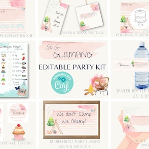 Glamping Party Decorations Editable, Corjl,  Camping Decorations, Printable Birthday,  Supplies, Banner, Signs, Favor Tags, Thank you