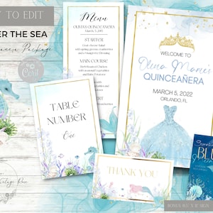 Paquete Quinceañera Bajo el Mar, Editable, Programa, Menú, Números de Mesa, Etiquetas de Agradecimiento, Dulce 16, Boda, Cumpleaños, Baile