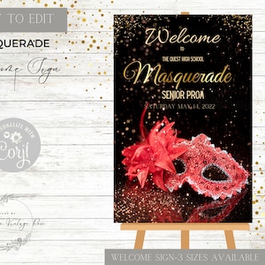 Red Masquerade Mask Welcome Sign, Editable, Masquerade Ball, Birthday Party, Sweet 16, Quinceanera, Welcome Poster, Personalized Sign