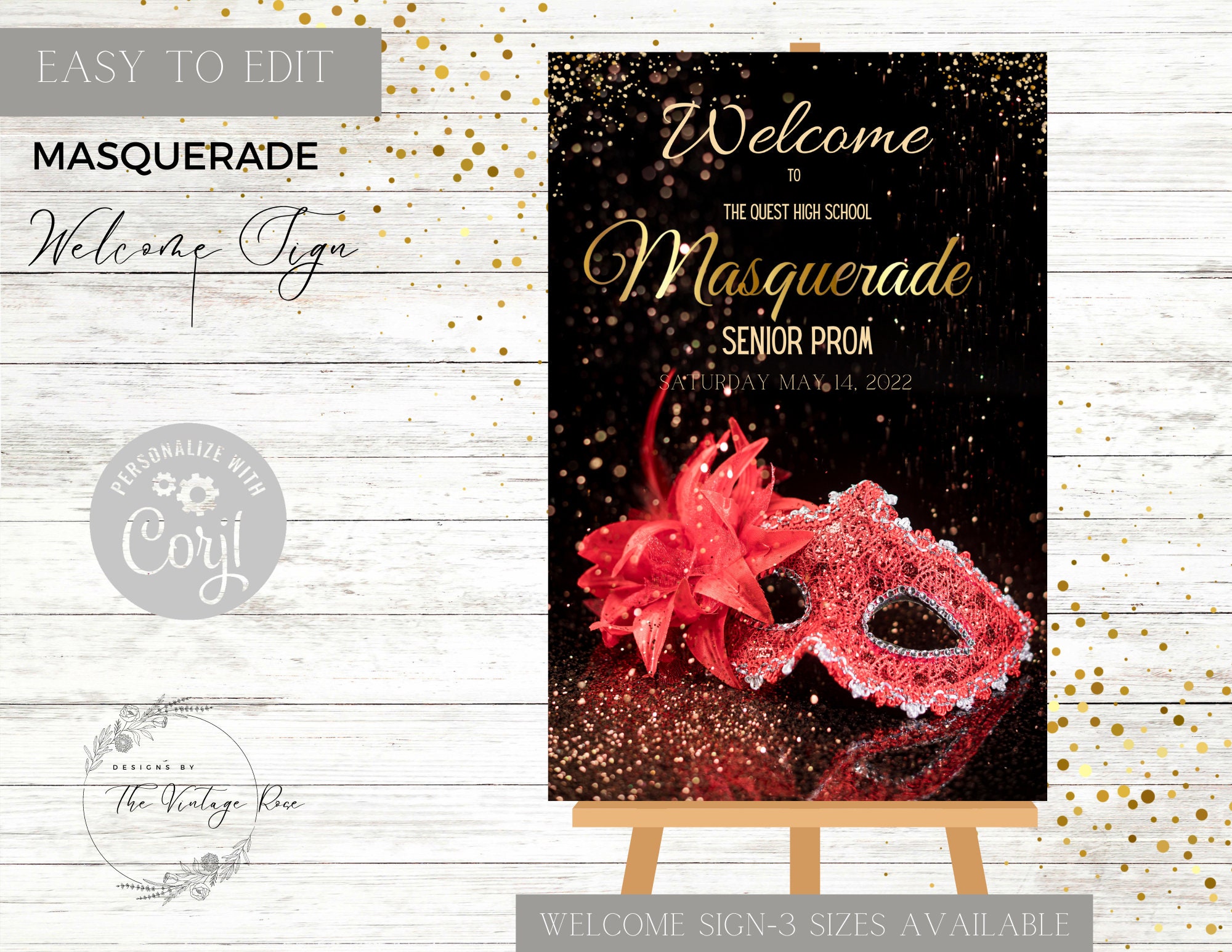 Red Masquerade Mask Welcome Sign, Editable, Masquerade Ball, Birthday Party, Sweet 16, Quinceanera, Welcome Poster, Personalized Sign