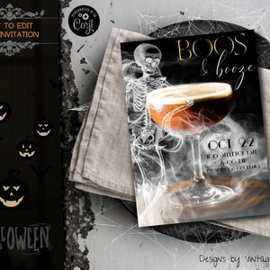 Boos & Booze Halloween Invitation, Halloween Cocktail Party, Costume Party, Skeleton, Cocktail and Costumes,
