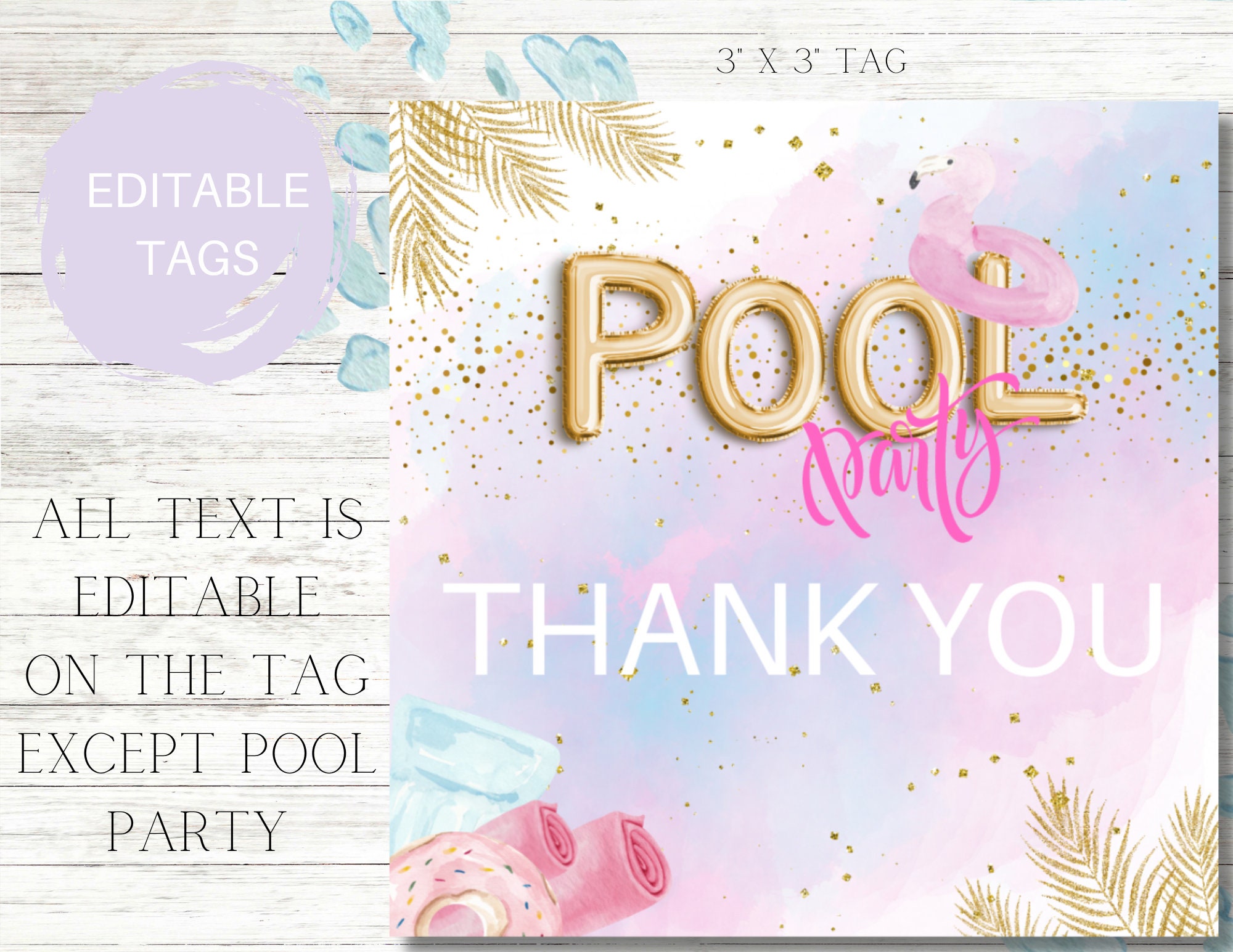 Pool Party Favor Tags, Editable, Birthday Party, Summer Party, Flamingo ...