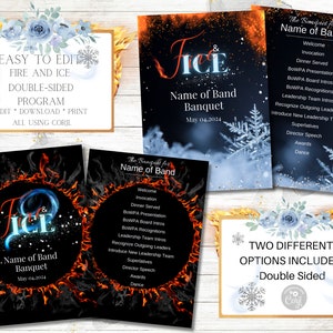May include: Editable printable program for a band banquet with a fire and ice theme. The program includes a schedule of events, such as welcome, dinner, and awards. The program is double-sided and can be edited using Corjl.