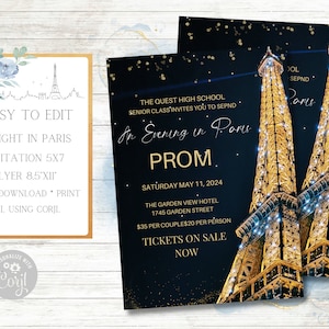 A Night in Paris Invitation and Flyer Set, Prom, Homecoming, School Dance, Middle School, Birthday, Father-Daughter