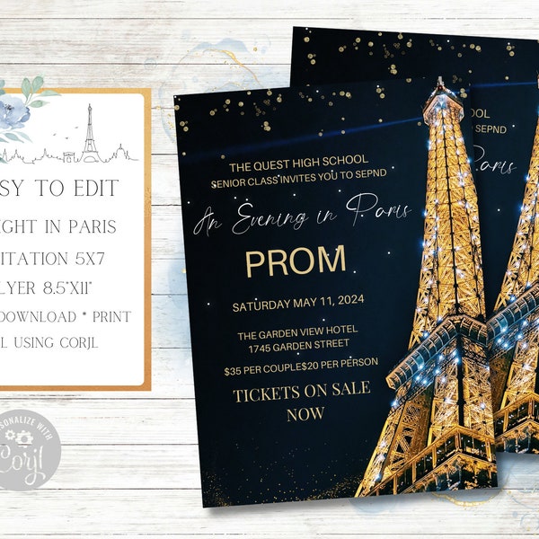 A Night in Paris Invitation and Flyer Set, Prom, Homecoming, School Dance, Middle School, Birthday, Father-Daughter