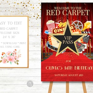 Red Carpet Welcome Sign, Poster, Movie Night,  VIP Pass, Hollywood, Lights-Camera-Action, Birthday Party, Prom, Personalized Sign